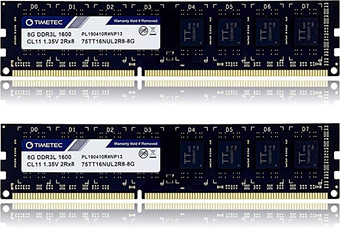 Timetec 16GB KIT(2x8GB) DDR3L / DDR3 1600MHz (DDR3L-1600) PC3L-12800 / PC3-12800 Non-ECC Unbuffered 1.35V/1.5V CL11 2Rx8 Dual Rank 240 Pin UDIMM Desktop PC Computer Memory RAM(SDRAM) Module Upgrade