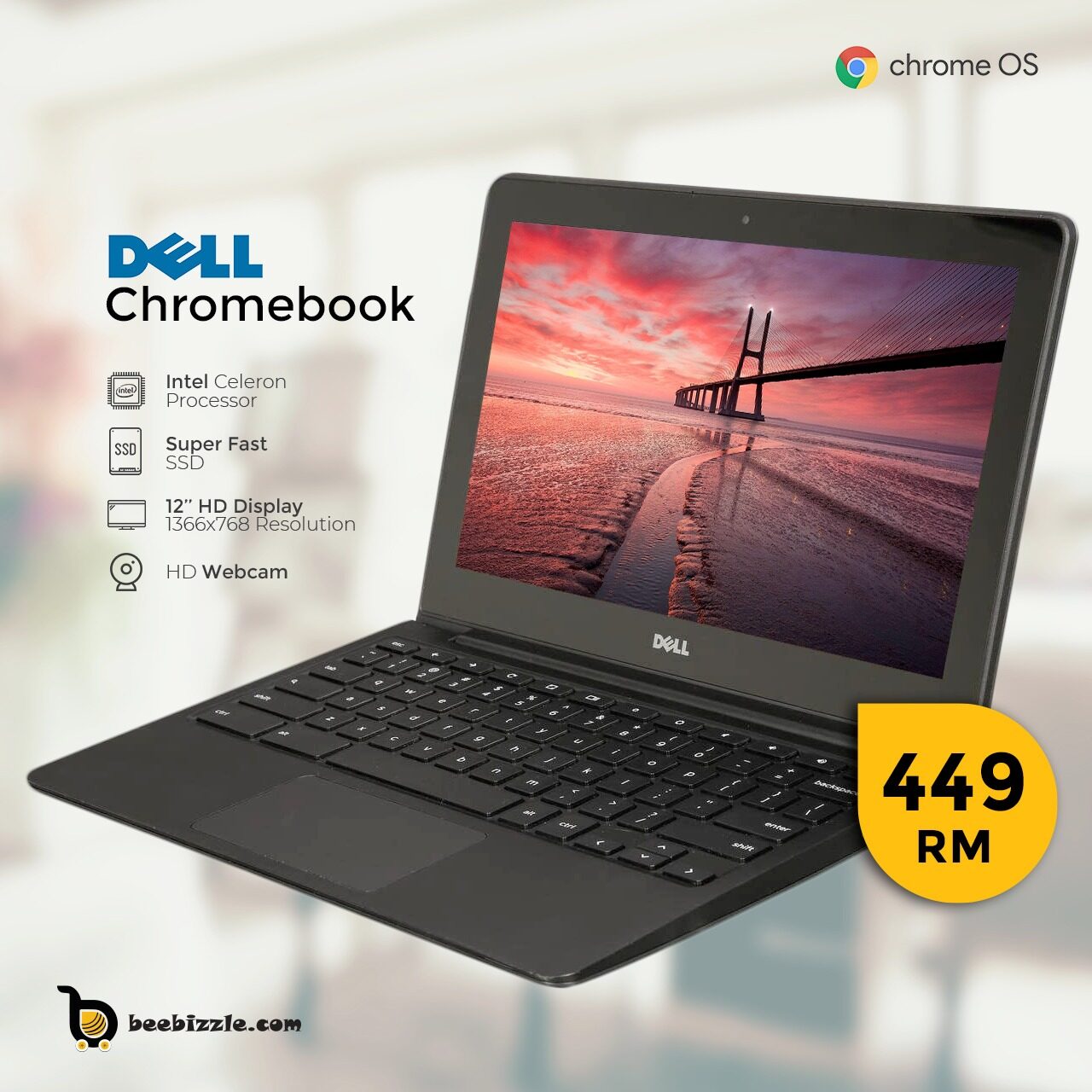 Dell Chromebook 11, Intel Celeron Celeron 2.16 GHz Processor 4GB RAM 16GB SSD 12 inch HD LED Screen OS Google Chrome