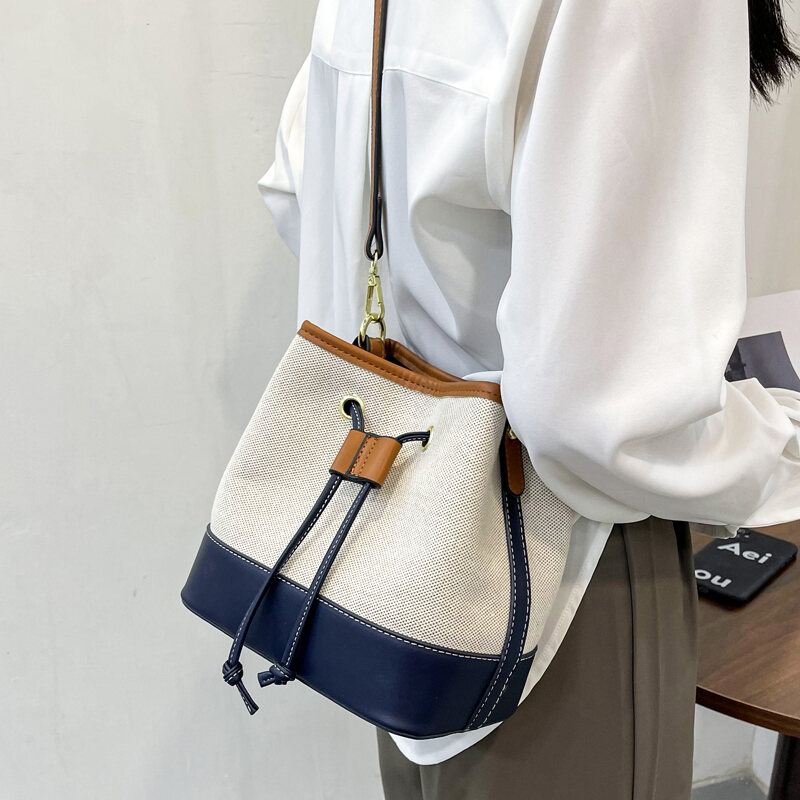 Korean Canvas Bucket Bags 2023 New Trendy Special-Interest Design Contrast Color Shoulder Bag Versatile Mori Crossbody Bag Women