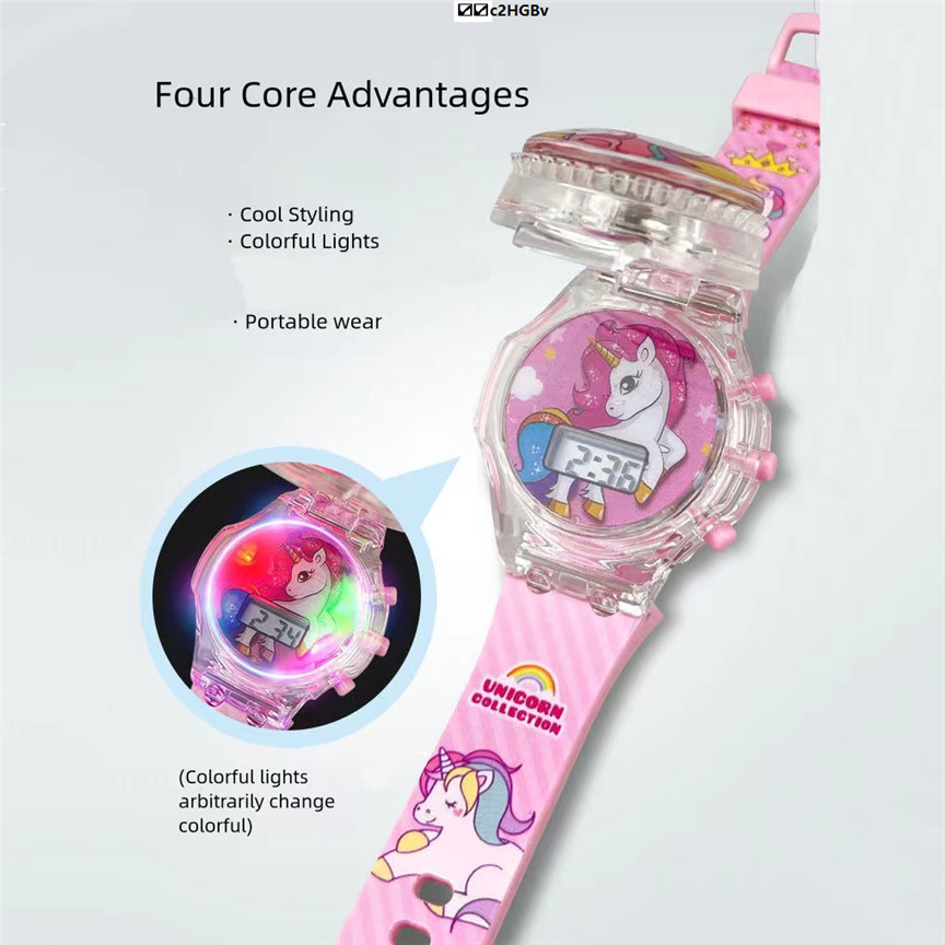 Unicorn Rotating Music Light Electronic Watch Children's Flip up Watch