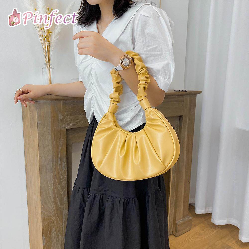 [Pinfect] Fashion Women Vintage Pleated Hobos Shoulder Bag PU Leather Women Elegant Pure Color Travel Shopping Totes Handbag Purse