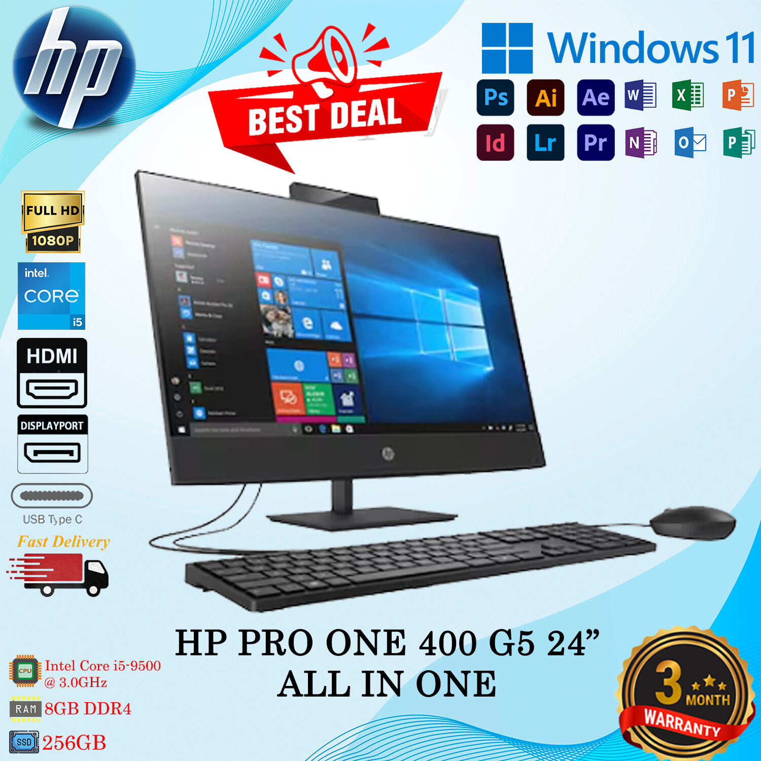 (READY STOCK) HP PRO ONE 400 G6 INTEL CORE i5-9500@3.0GHz PROCESSOR 8GB RAM 256GB SSD WITH WEBCAM