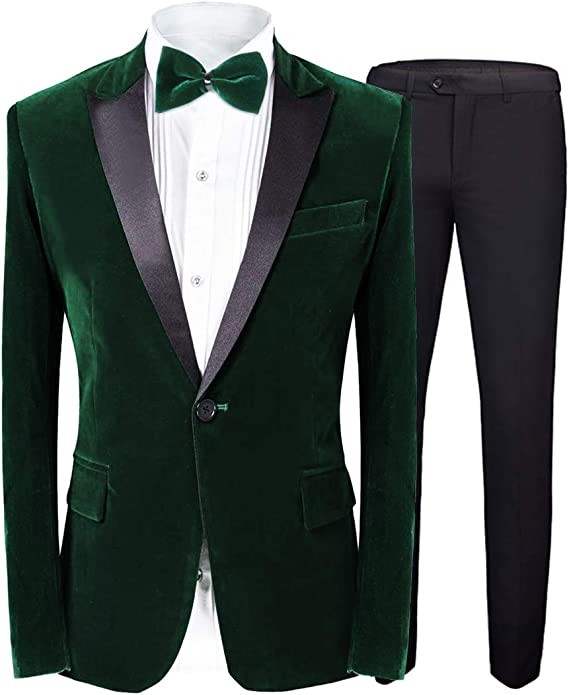 MAGE MALE Men's 2 Piece Suit Peaked Lapel One Button Tuxedo Slim Fit Velvet Blazer Party Dinner Jacket & Pants