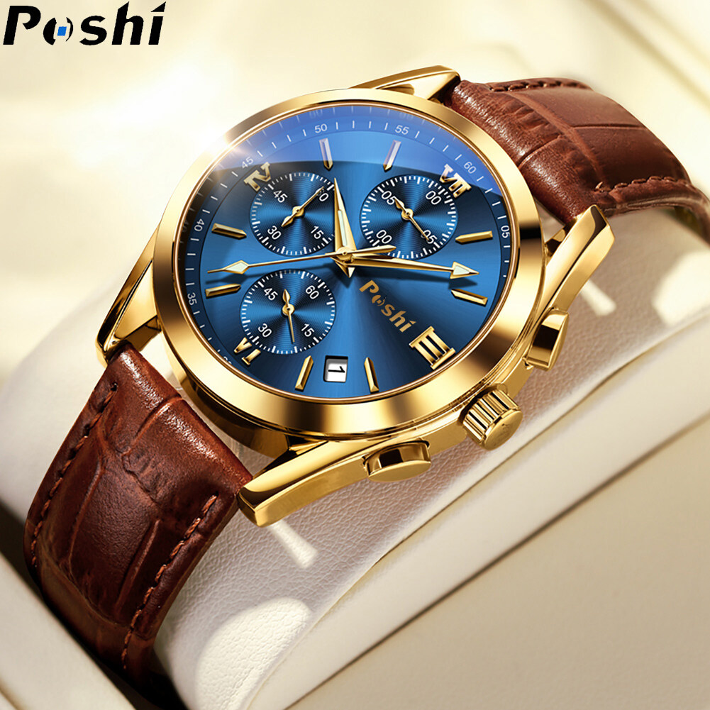 Original POSHI Luxury Brand Men's Watches Fashion Chronograph Auto Calendar Waterproof Quartz Watches For Men Casual Leather Strap Sports Luminous Clock Jam Tangan Lelaki