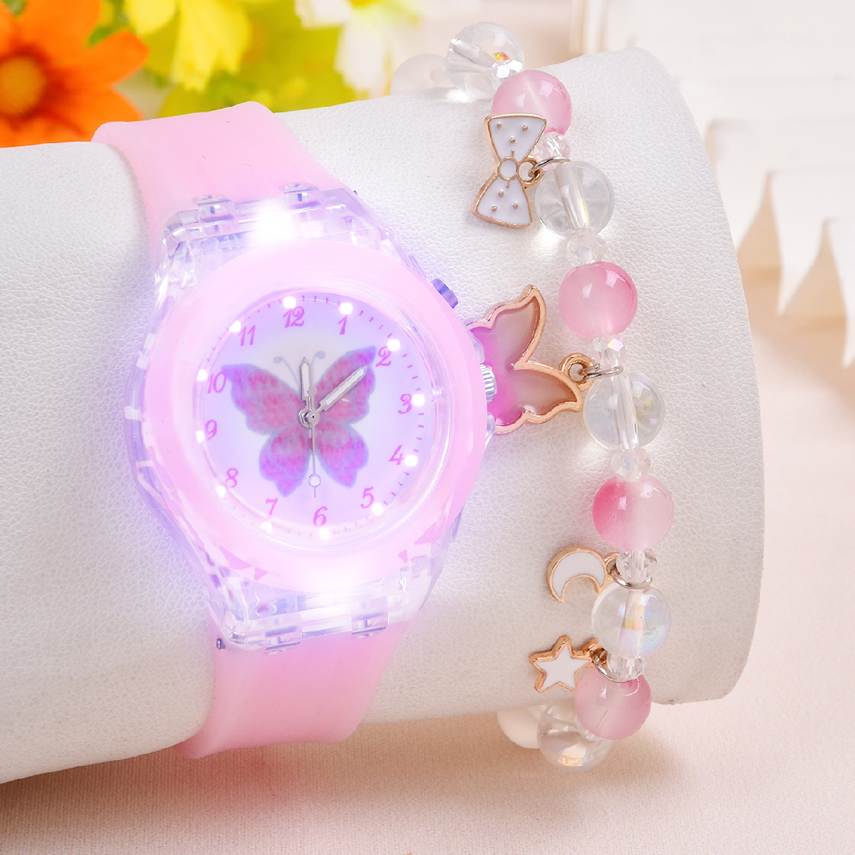 Kegllect kanak-kanak kuarza Watch kartun Butterfly LED kuarza Watch dan manik gelang aksesori hiasan untuk Girls sebagai hadiah Holiday
