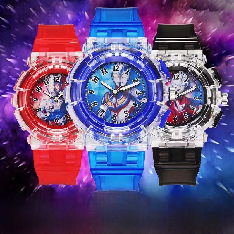 Ultraman Children's Quartz Watch Corgi Gift Watch Boy Toy Cartoon Electronic round Rubber Band Steel Case LED Display Waterproof