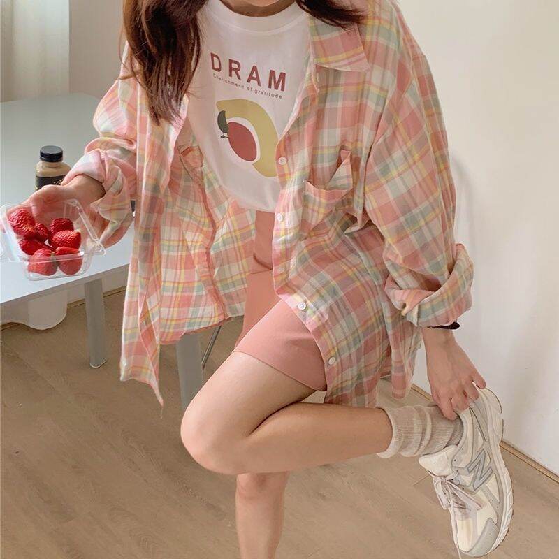 Summer Thin Plaid Shirt Women's Long Sleeve Sun Protection Fashion Hong Kong Style Outerwear Trendy Checkered Top Coat