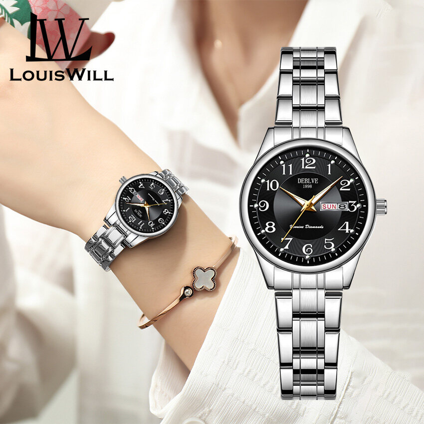 LouisWill watch for women Ladies Watch Fashion Quartz Watch Watches Steel Strap Watches 30M Waterproof Watch Large Number Dial Watches Luxury Design Watch Wristwatch With Calender Luminous Pointer jam