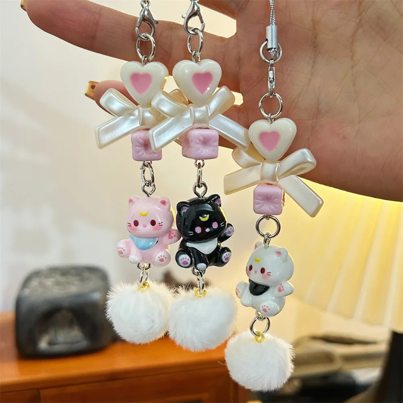 Lovely Anime Cat Mobile Phone Charms Pendant Cute Bowknot Beaded Phone Strap Plush Keychains Lanyard Bag Hanging Accessories