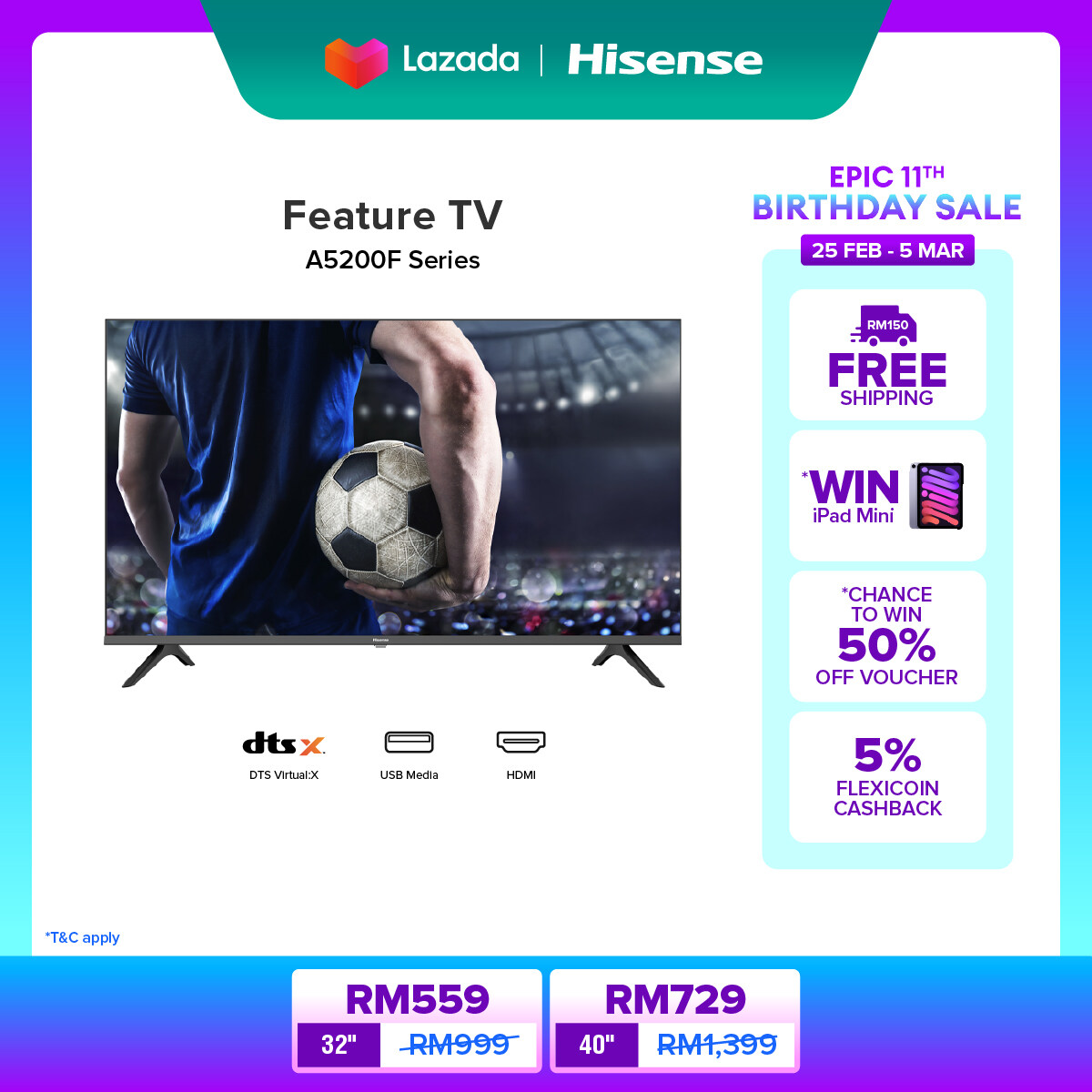 Hisense 32" HD Feature Bezel-less TV 32A5200F